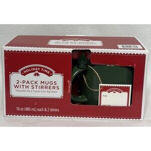 Holiday Time 2 pack Coffee Tea Mugs With Stirrers 16 oz New Green 2021 Shortage